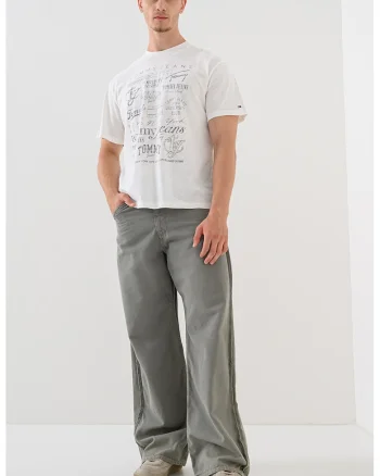Tricou cu decolteu la baza gatului si imprimeu, Negru stins/Alb murdar