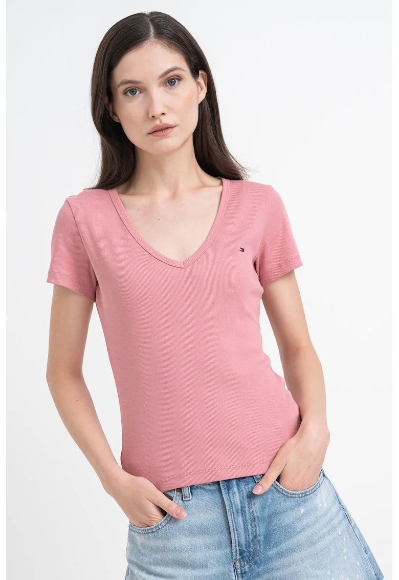 Tricou slim fit cu decolteu in V, Roz/Roz prafuit