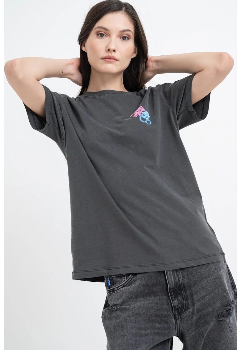Tricou lejer cu imprimeu grafic neon, Roz/Gri antracit