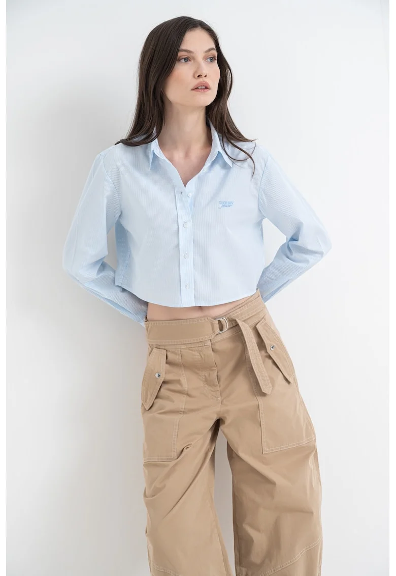 Camasa crop cu maneci lungi, Alb/Albastru deschis