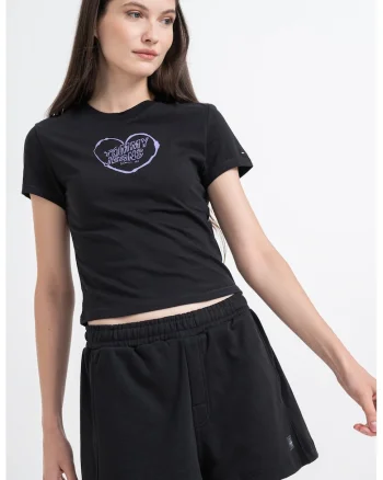 Tricou crop cu detaliu logo, Negru/Albastru lavanda
