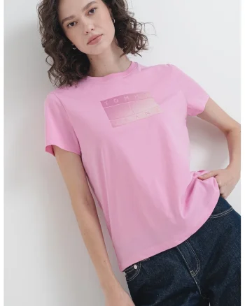 Tricou cu imprimeu si decolteu la baza gatului, Roz/Roz prafuit