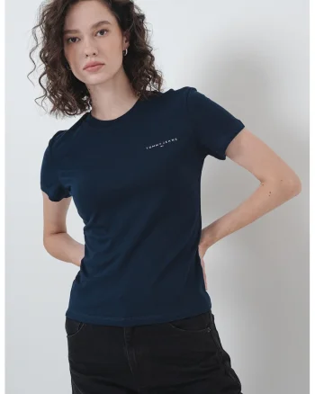 Tricou slim fit cu decolteu la baza gatului, Alb/Bleumarin