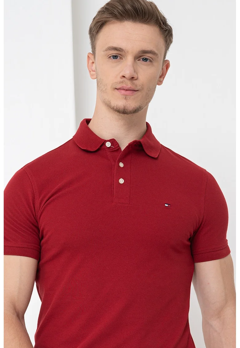 Tricou polo slim fit din amestec de bumbac organic, Rosu inchis