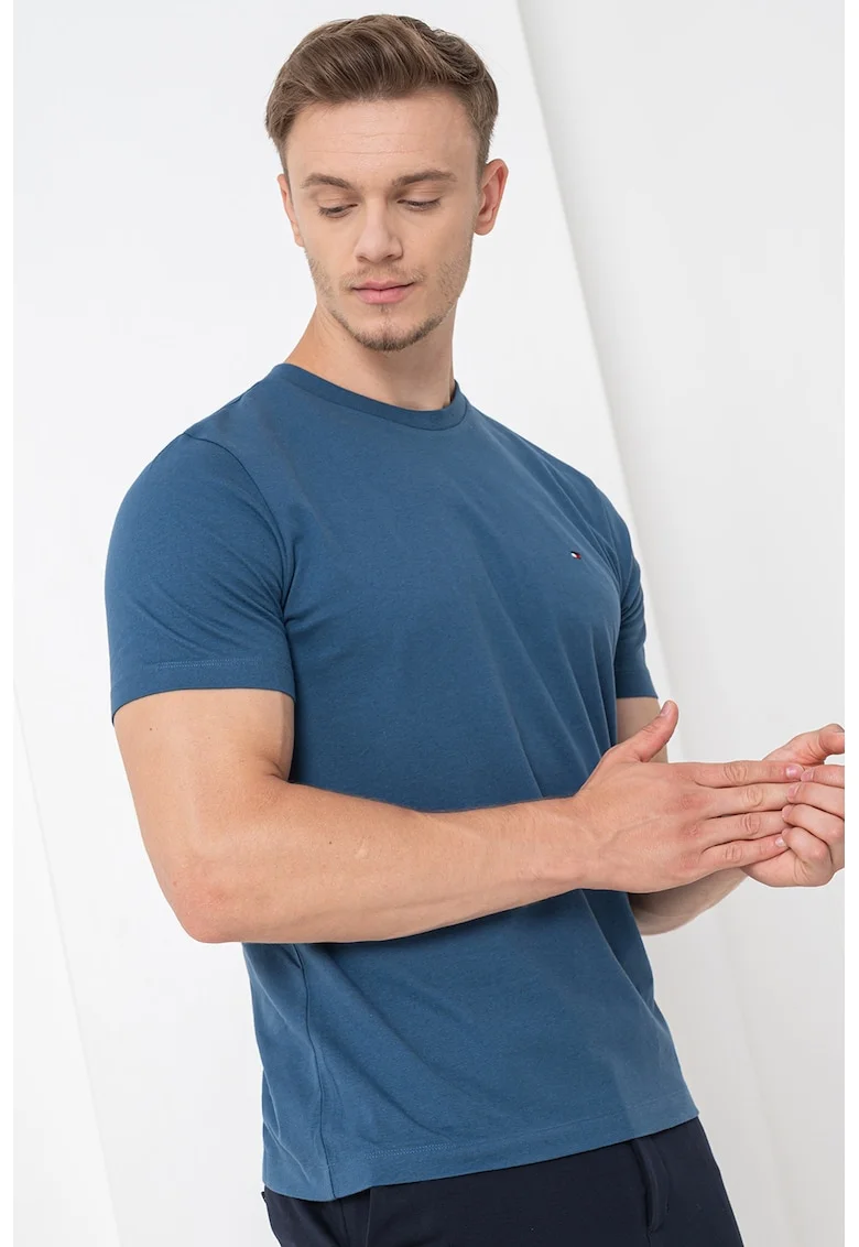 Tricou din bumbac cu decolteu la baza gatului, Albastru inchis
