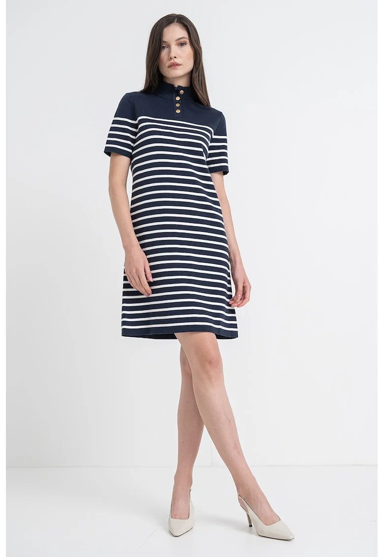 Rochie polo din amestec de bumbac organic cu dungi, Alb/Albastru inchis