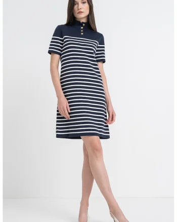 Rochie polo din amestec de bumbac organic cu dungi, Alb/Albastru inchis
