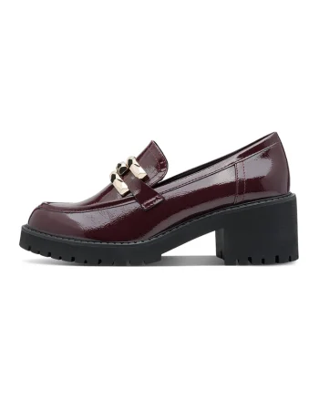 Pantofi loafer de piele ecologica cu toc masiv, Auriu/Maro cognac
