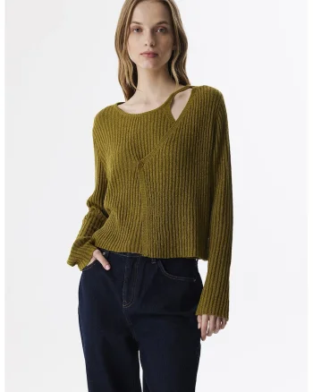 Pulover uni cu decolteu asimetric, Verde masliniu