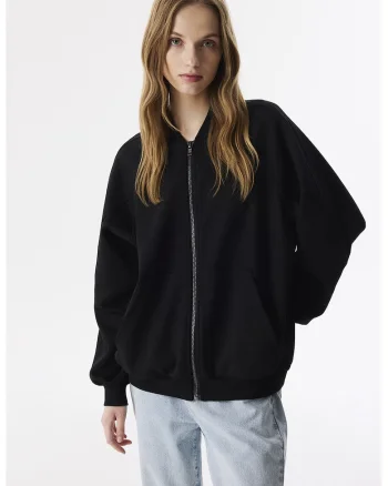 Bluza de trening cu fermoar si maneci raglan, Negru