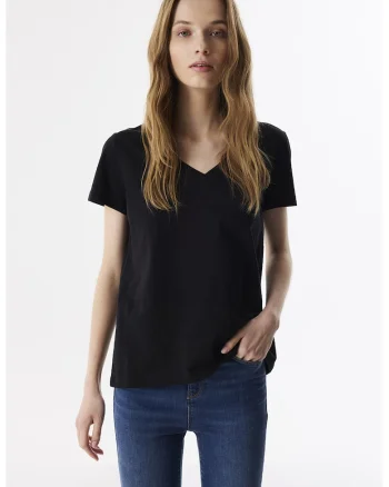 Tricou de bumbac cu decolteu in V, Negru