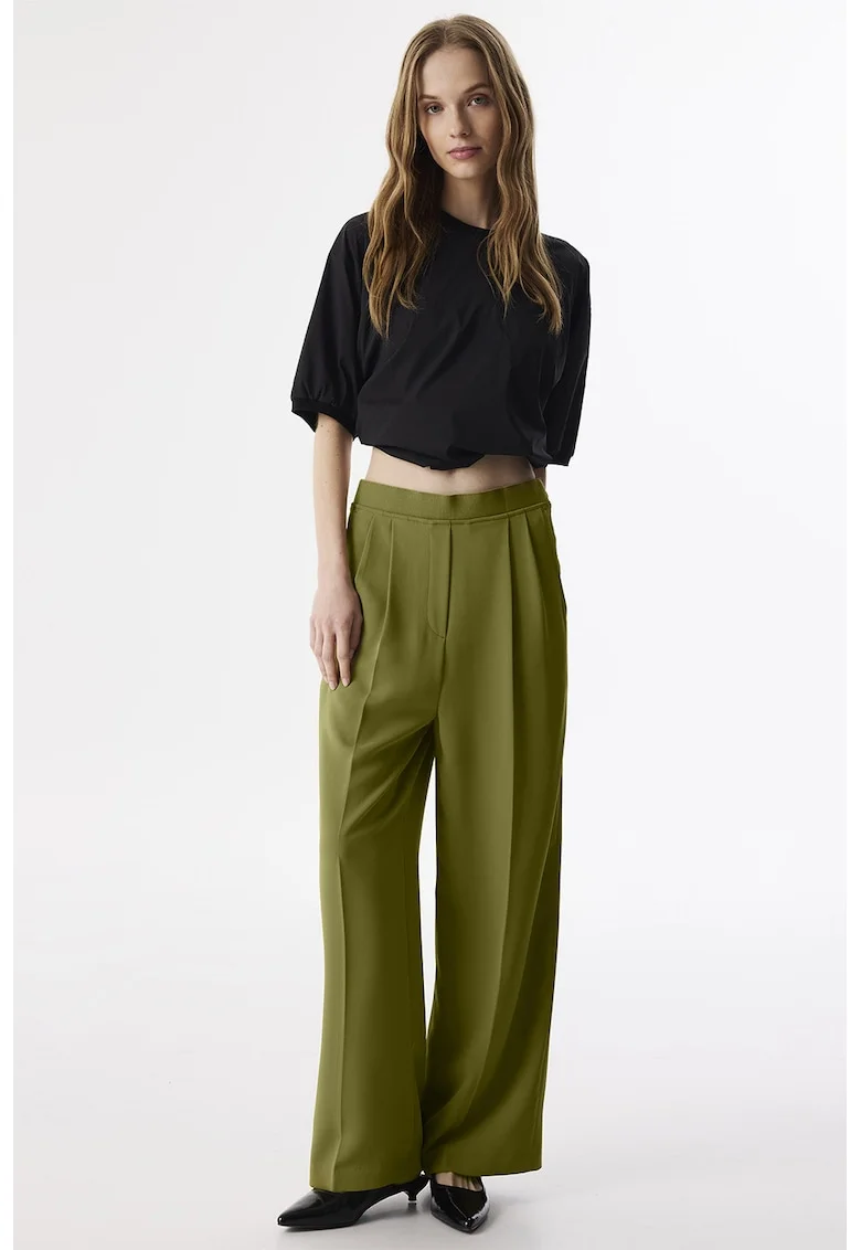 Pantaloni cu pliuri si croiala ampla, Verde masliniu