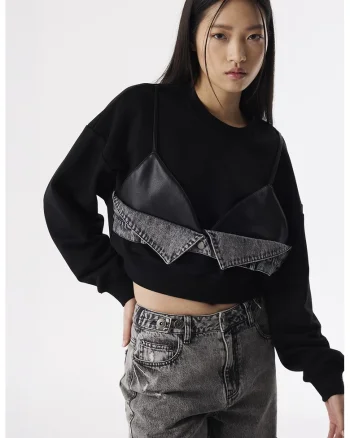 Bluza de trening din amestec de bumbac cu model 2 in 1, Negru