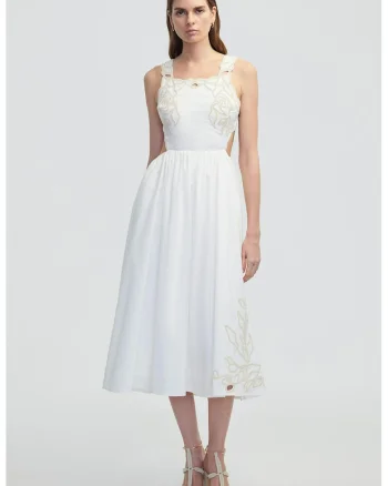 Rochie evazata cu broderie si decupaj pe spate, Alb/Bej