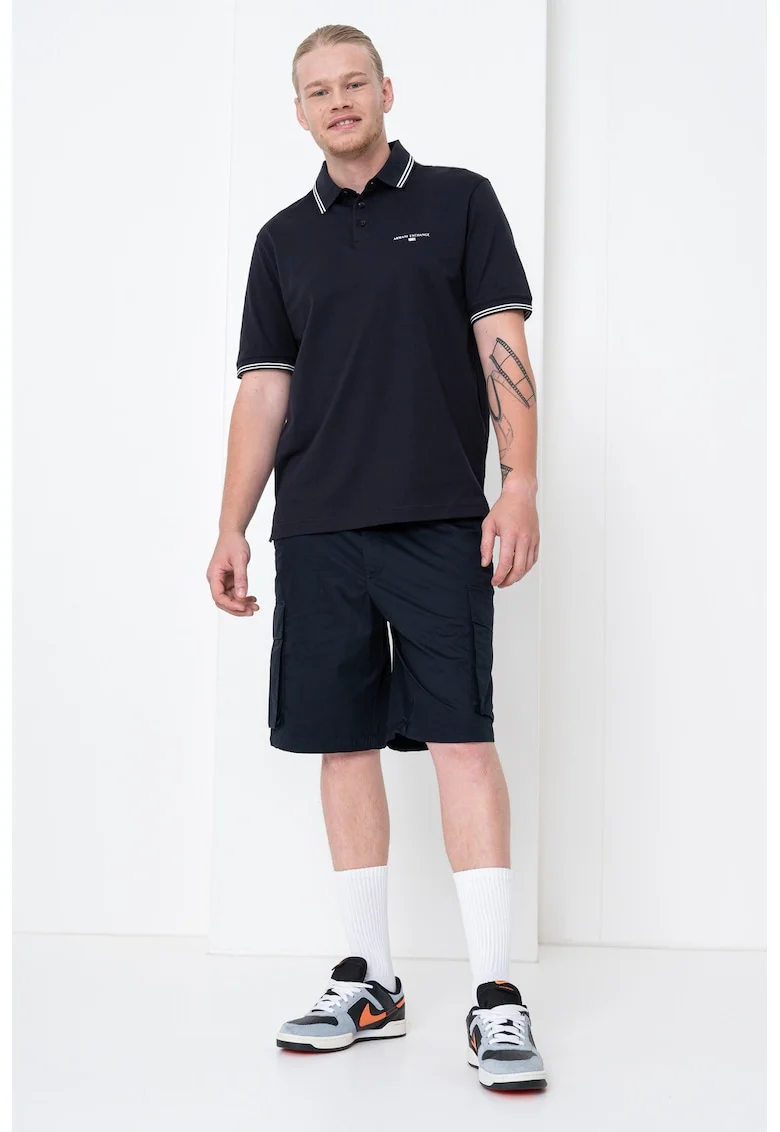 Tricou polo cu benzi contrastante, Bleumarin