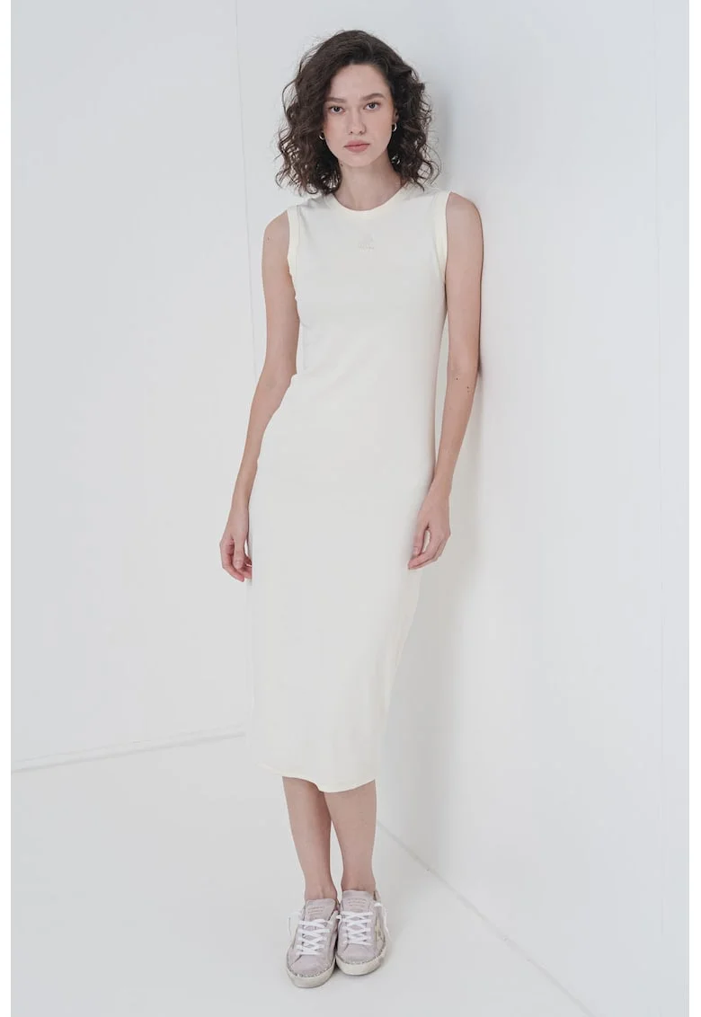 Rochie midi cu croiala dreapta si decolteu la baza gatului, Galben pal