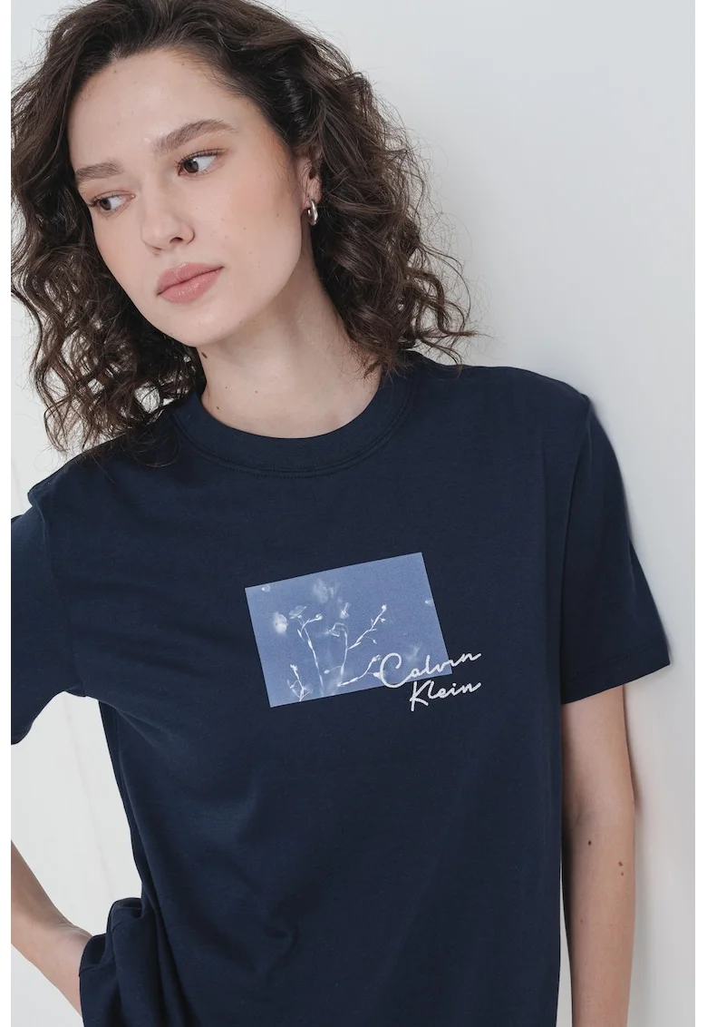 Tricou de bumbac cu decolteu la baza gatului, Bleumarin