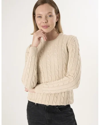 Pulover cu decolteu la baza gatului si model torsade, Bej inchis
