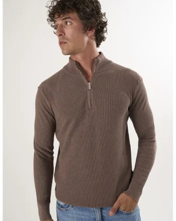 Pulover slim-fit cu fenta cu fermoar, Maro