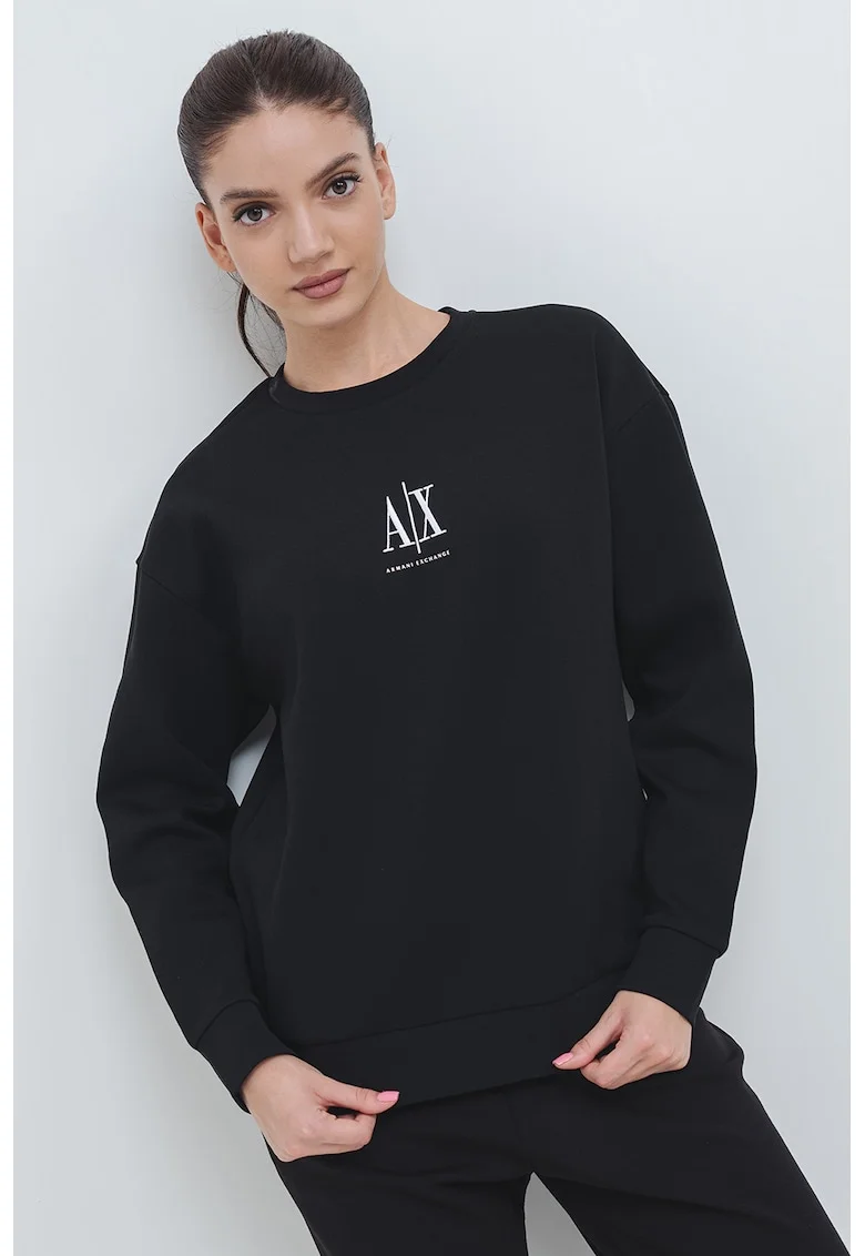 Bluza de trening din amestec de bumbac cu decolteu la baza gatului, Alb/Negru
