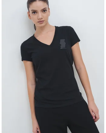 Tricou din bumbac cu decolteu in V, Negru