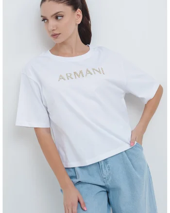 Tricou crop cu maneci cazute, Alb/Auriu