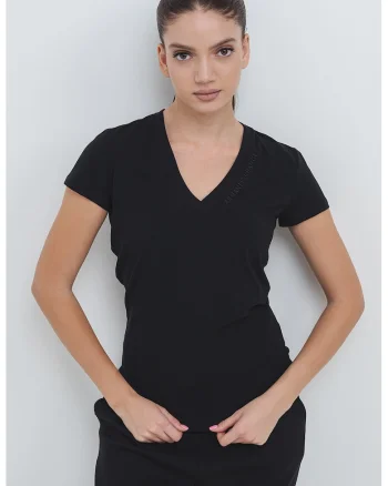 Tricou slim-fit cu decolteu in V, Negru