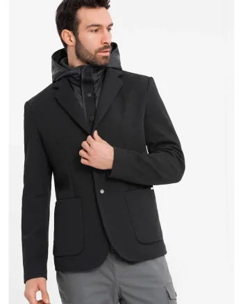Sacou cu guler inalt si gluga  OM-BLZB-0133, Negru