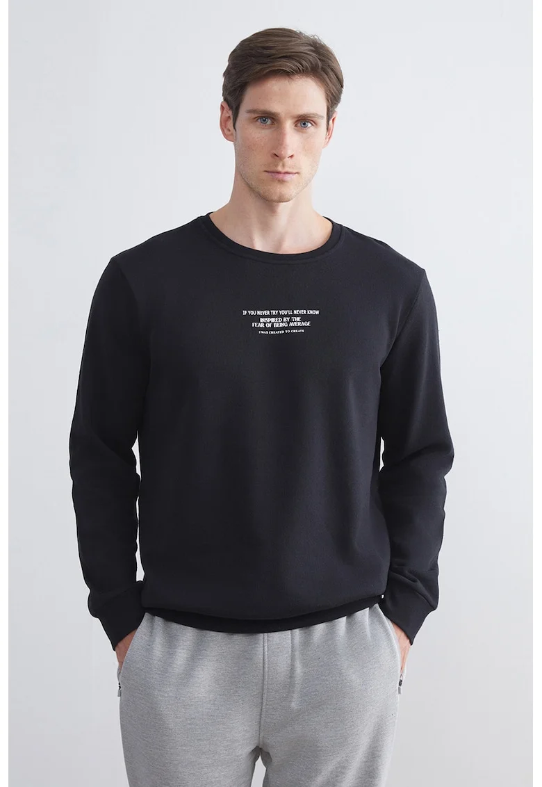 Bluza de trening cu design text si decolteu la baza gatului, Negru