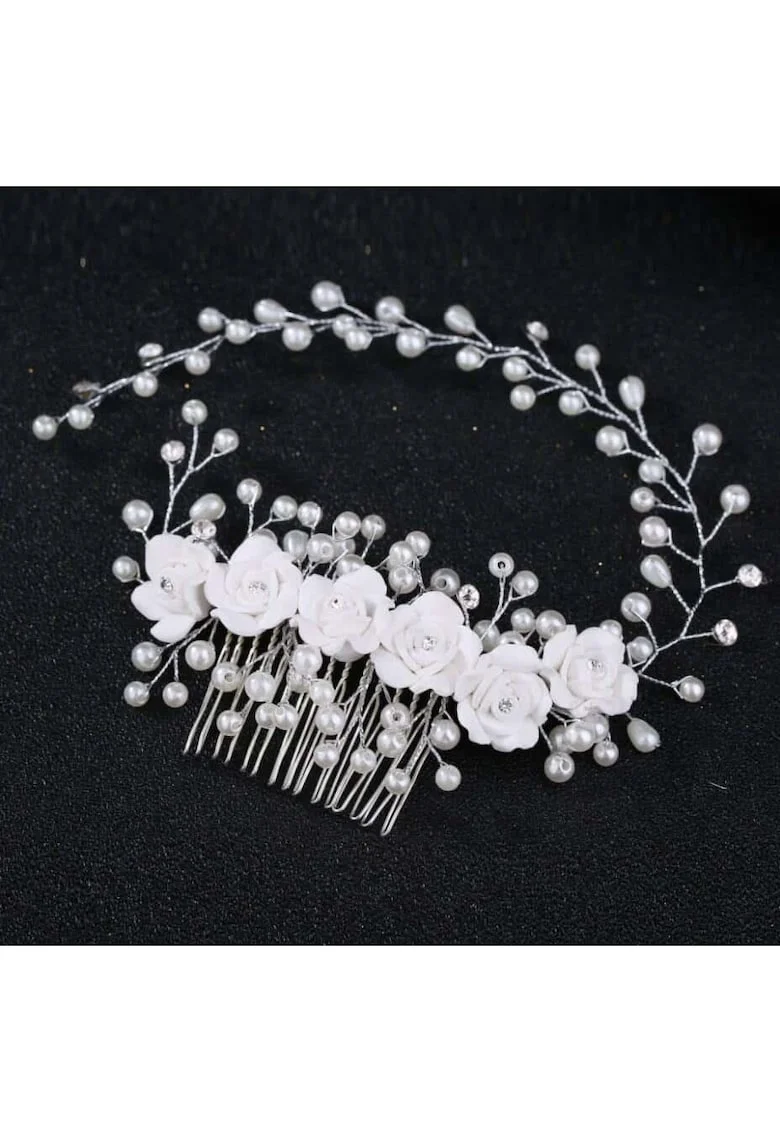 Accesoriu par cu perle si flori, argintiu, Lilian C11,