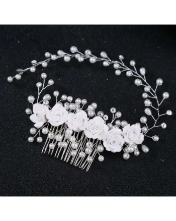 Accesoriu par cu perle si flori, argintiu, Lilian C11,