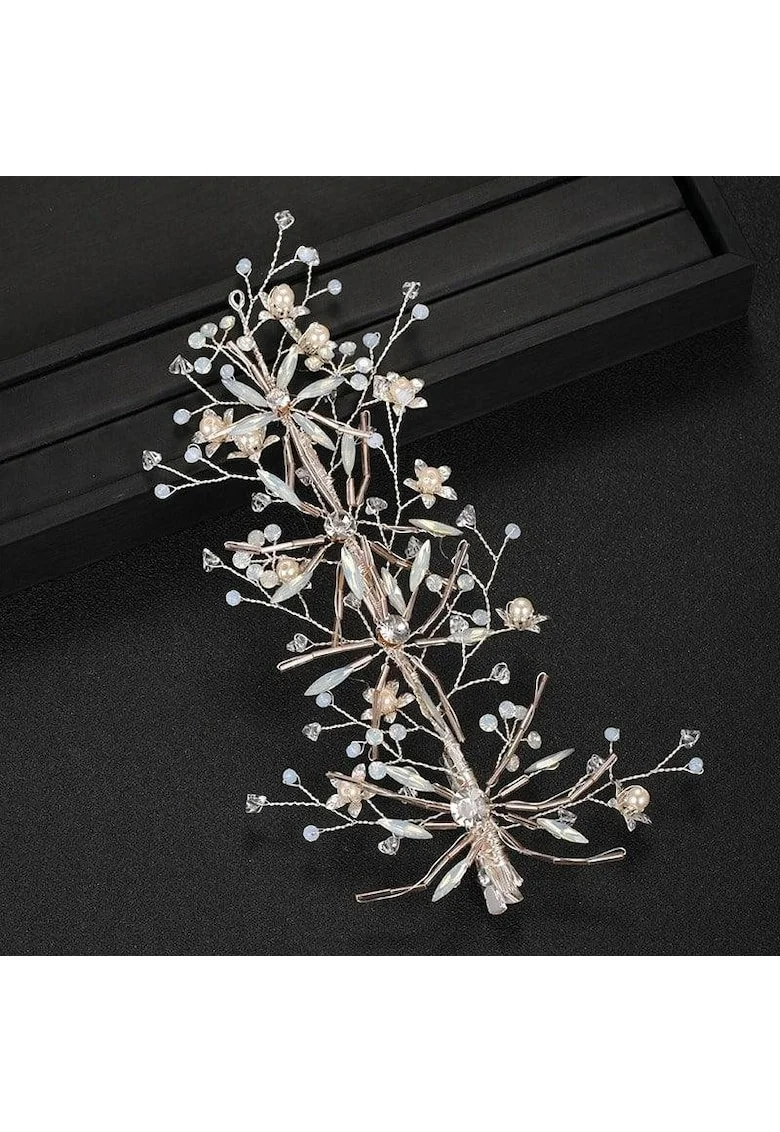 Accesoriu par, argintiu, cu flori, pietre si margelute aurii, Heinz C7,