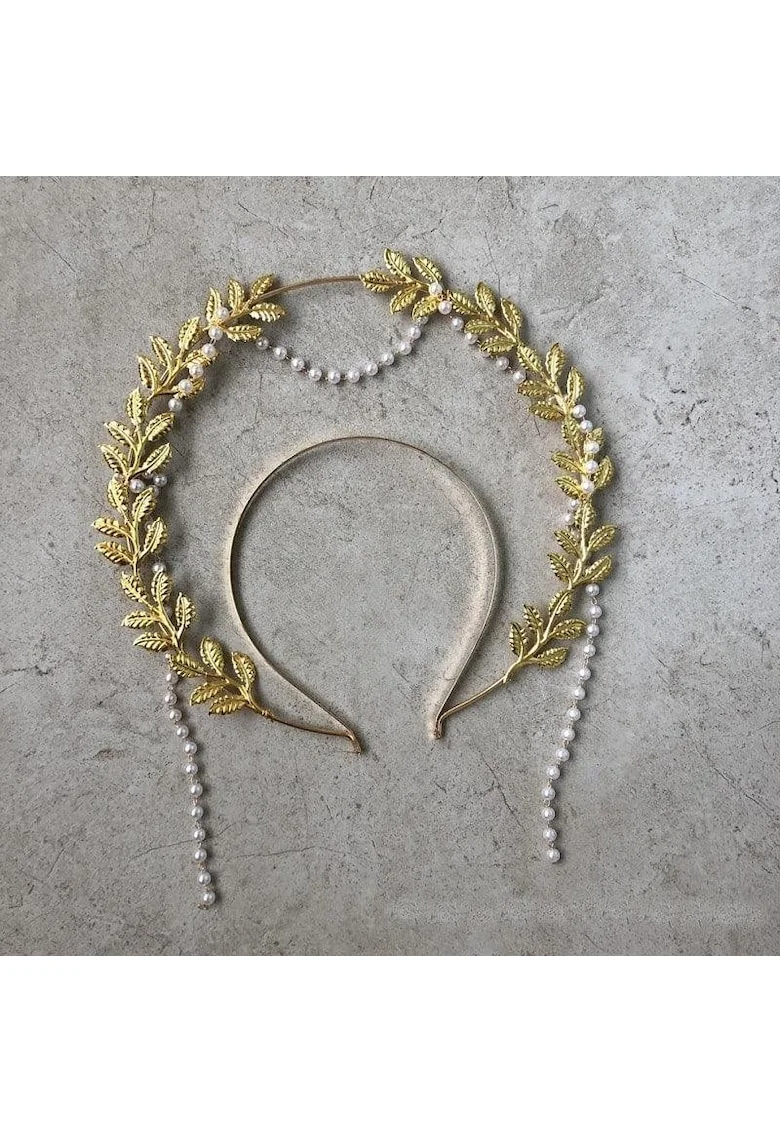 Tiara Halo, handmade, aurie, cu frunzulite si perle, Elvia C1,