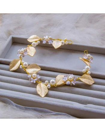 Accesoriu de par, auriu, cu frunzulite si perle, Ingela C5,