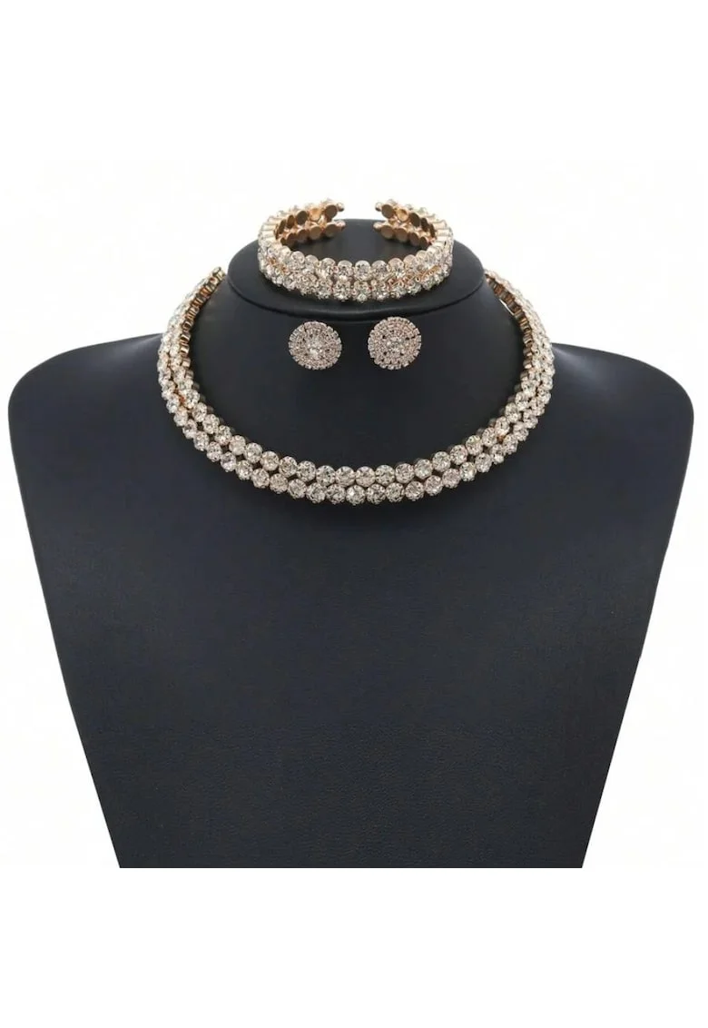 Set colier choker, bratara si cercei, auriu, cu pietre, Davia C23