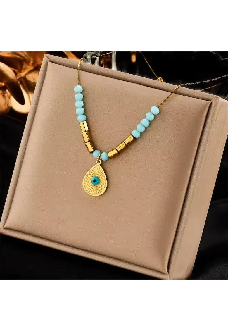 Colier auriu, din otel inoxidabil, cu margelute turquoise, suflat cu aur 18k, Berna C11