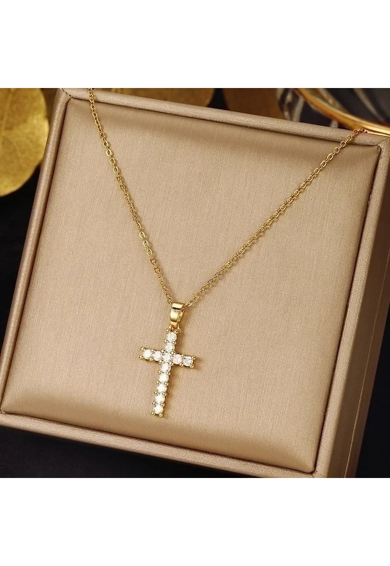 Colier auriu, din otel inoxidabil, suflat cu aur 18k, cu cruciulita si pietre din zirconiu, Ineke C4