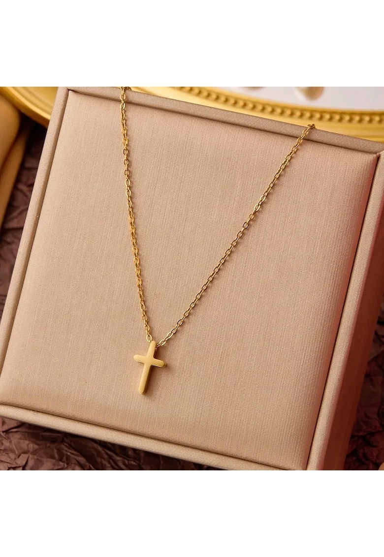 Colier auriu, din otel inoxidabil, suflat cu aur 18k, cu pandantiv cruciulita, Inna C4