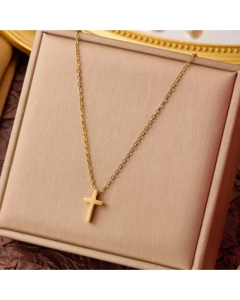 Colier auriu, din otel inoxidabil, suflat cu aur 18k, cu pandantiv cruciulita, Inna C4