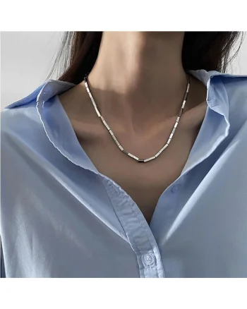 Colier argintiu, din otel inoxidabil, cu piese geometrice, suflat cu aur 18k, Amilia C1