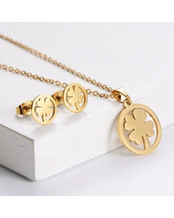 Set colier si cercei, auriu, din otel inoxidabil, suflat cu aur 18k, forma de trifoi, Helena C3