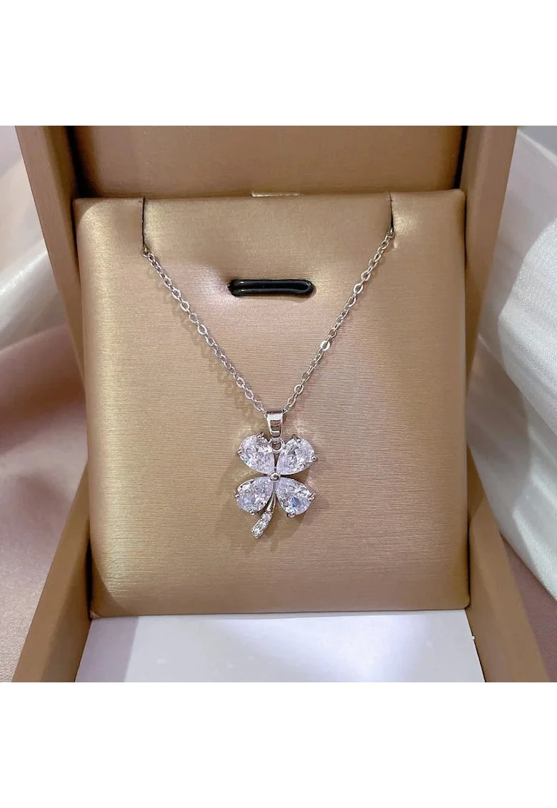 Colier argintiu, din otel inoxidabil, suflat cu aur 18k, cu trifoi si pietre din zirconiu, Hilda C3