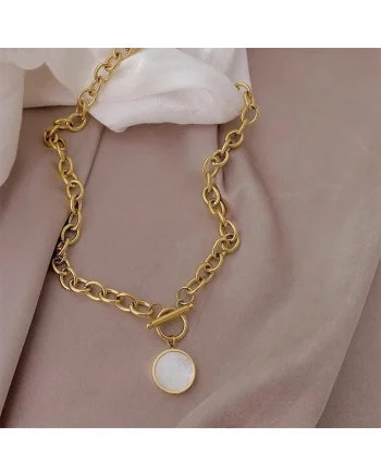Colier auriu, din otel inoxidabil, cu zale si pandantiv rotund, suflat cu aur 18k, Berenice C9