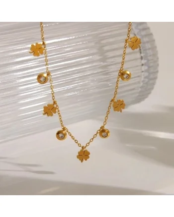 Colier auriu, din otel inoxidabil, suflat cu aur 18k, cu trifoi si pietre din zirconiu, Heika C3