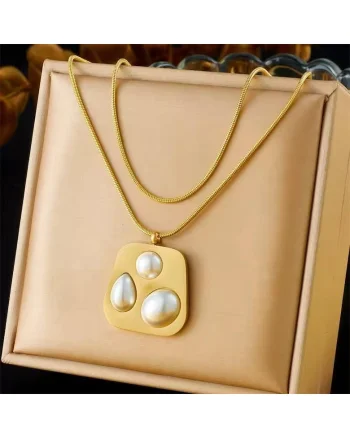 Colier auriu, din otel inoxidabil, forma contemporana, cu perle, suflat cu aur 18k, Bettina C9
