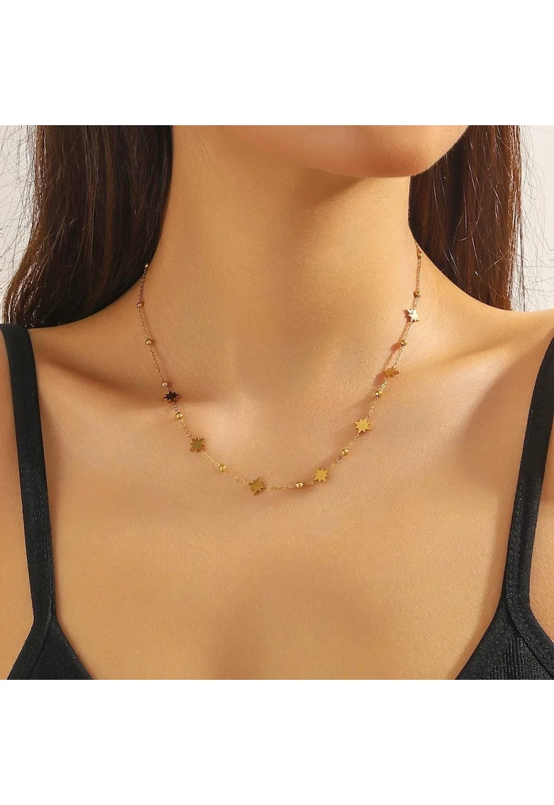 Colier auriu, din otel inoxidabil, suflat cu aur 18k, cu stelute, Elisha C2