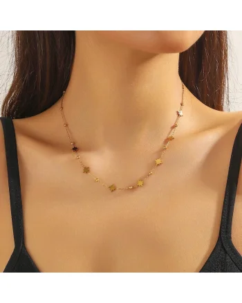 Colier auriu, din otel inoxidabil, suflat cu aur 18k, cu stelute, Elisha C2