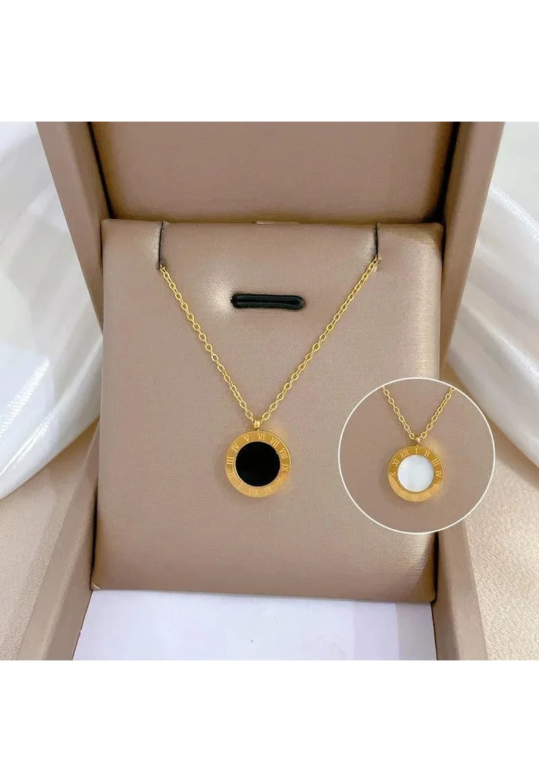 Colier auriu, din otel inoxidabil, cu pandantiv rotund, suflat cu aur 18k, Cally C11