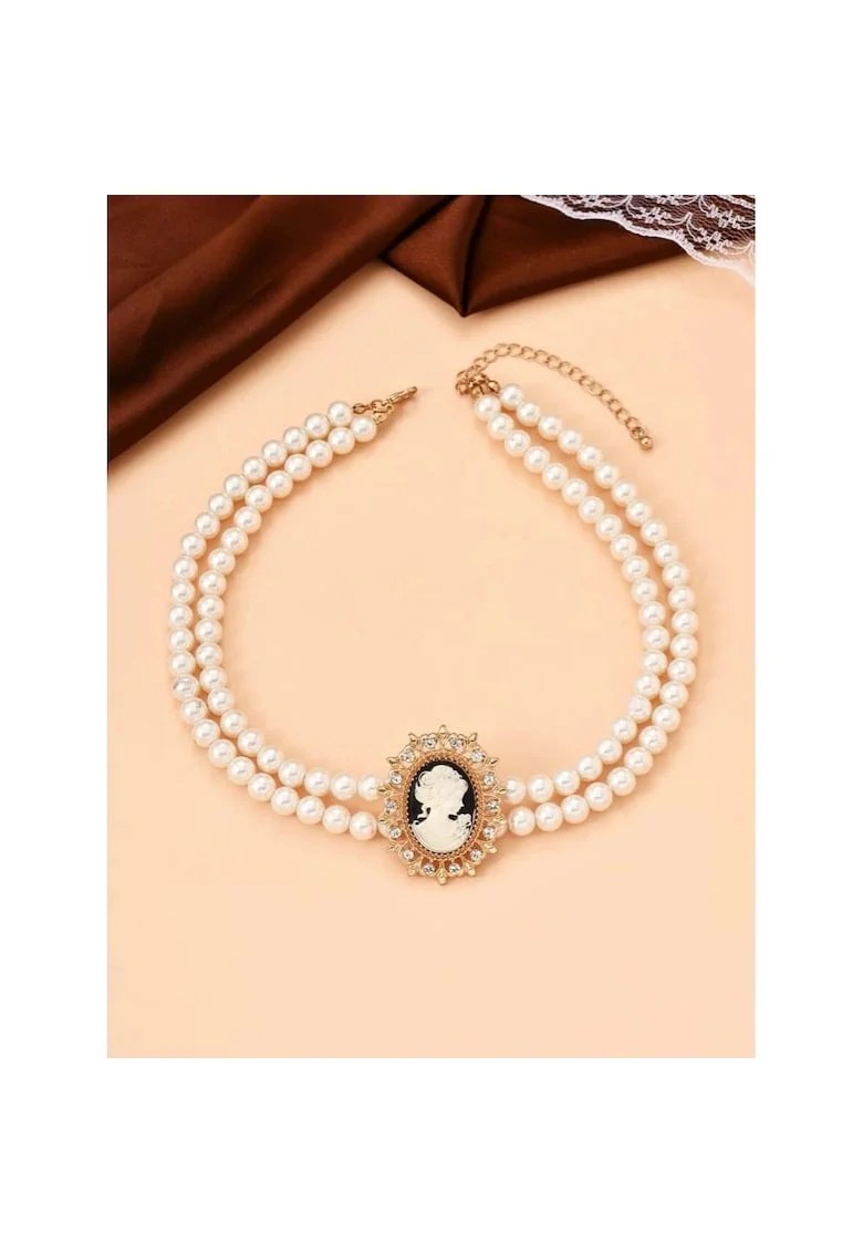 Set colier choker si cercei, auriu, cu perle si pandantiv vintage, Arja C24