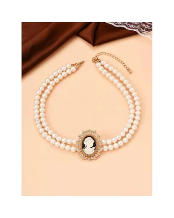 Set colier choker si cercei, auriu, cu perle si pandantiv vintage, Arja C24